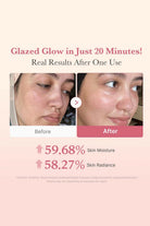 Before and after skin comparison with text on a light pink background