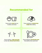 A light green and white informational graphic titled 'Recommended for' with four panels showing target groups and icons: carbs like rice, noodles, and bread; weight maintenance after dieting; a light, easy start without harsh effects; and a sweet tooth-friendly snack.