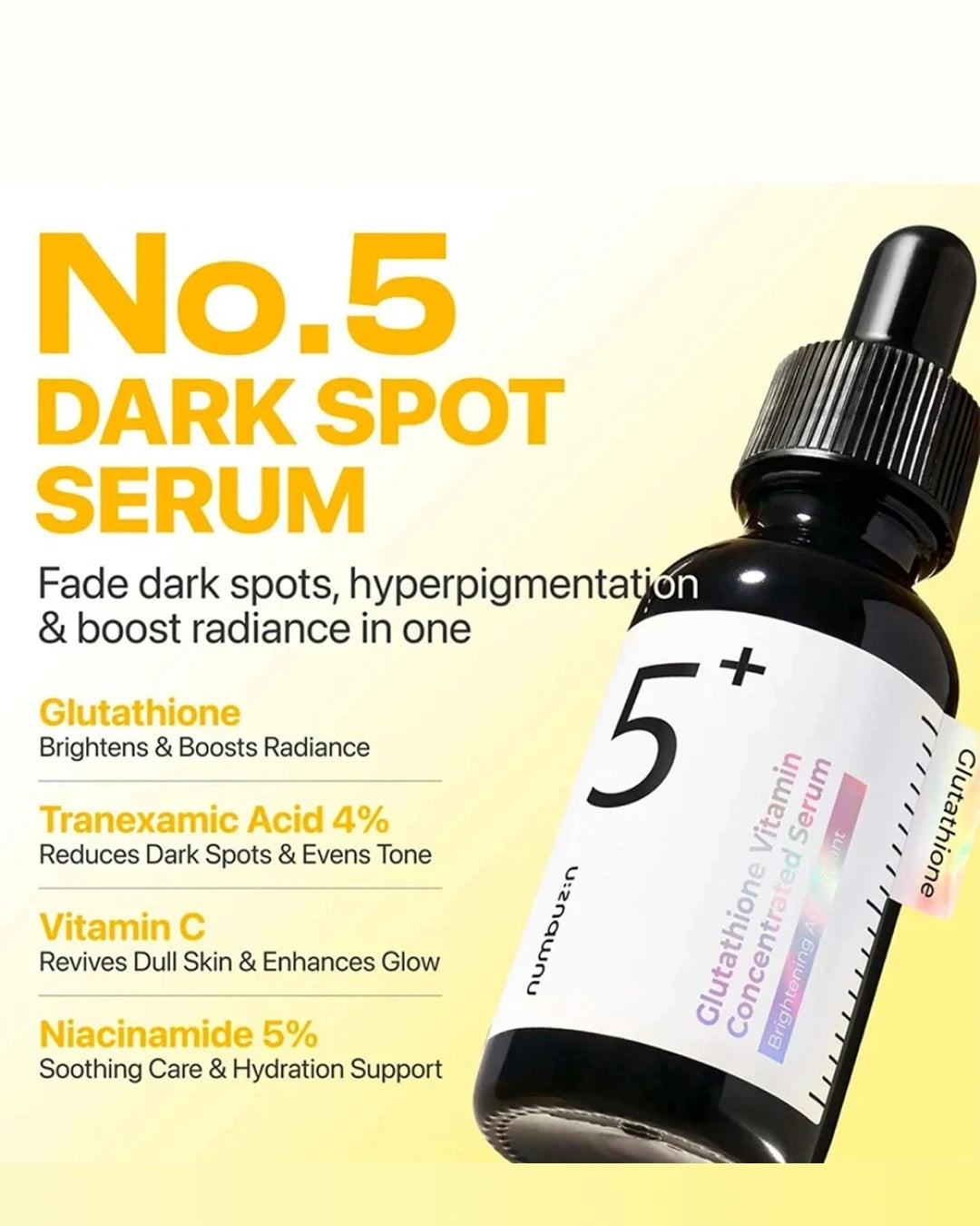 A bottle of Numenla No.5 Dark Spot Serum shown on a pale yellow background with large promotional text describing benefits such as glutathione, tranexamic acid, vitamin C, and niacinamide.