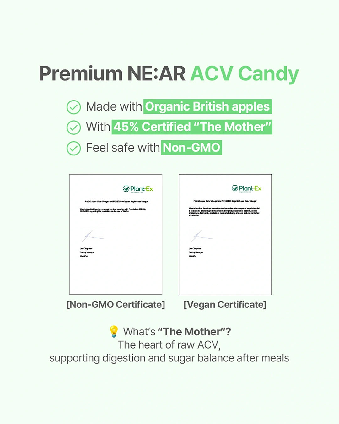Promotional graphic for Premium NE:AR ACV Candy on a pale green background, with text highlighting organic British apples, 45% certified 'The Mother', and non-GMO status, plus two sample certificate documents labeled Non-GMO Certificate and Vegan Certificate.