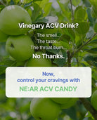 A promotional graphic with a background photo of green apples on a tree branch, overlaid with text reading 'Vinegary ACV Drink? The smell.