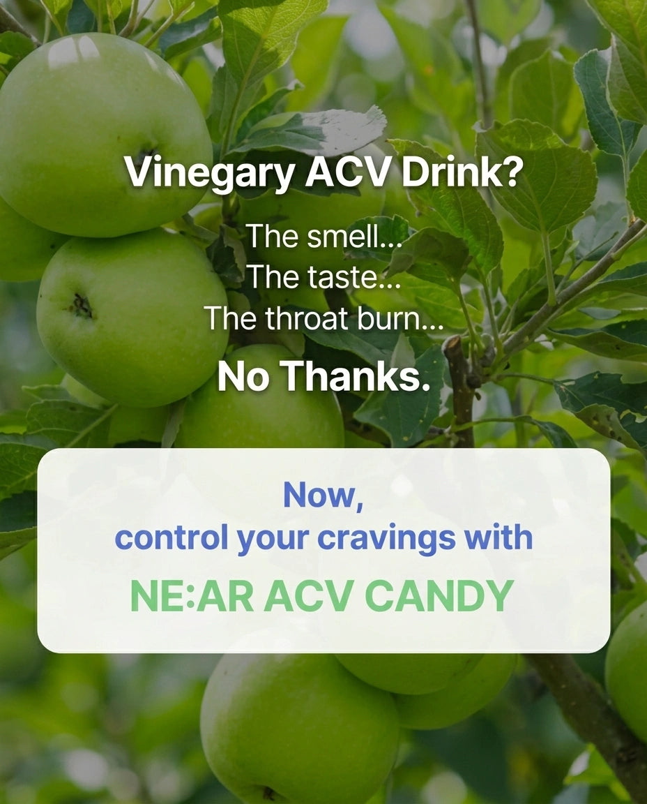 A promotional graphic with a background photo of green apples on a tree branch, overlaid with text reading 'Vinegary ACV Drink? The smell.