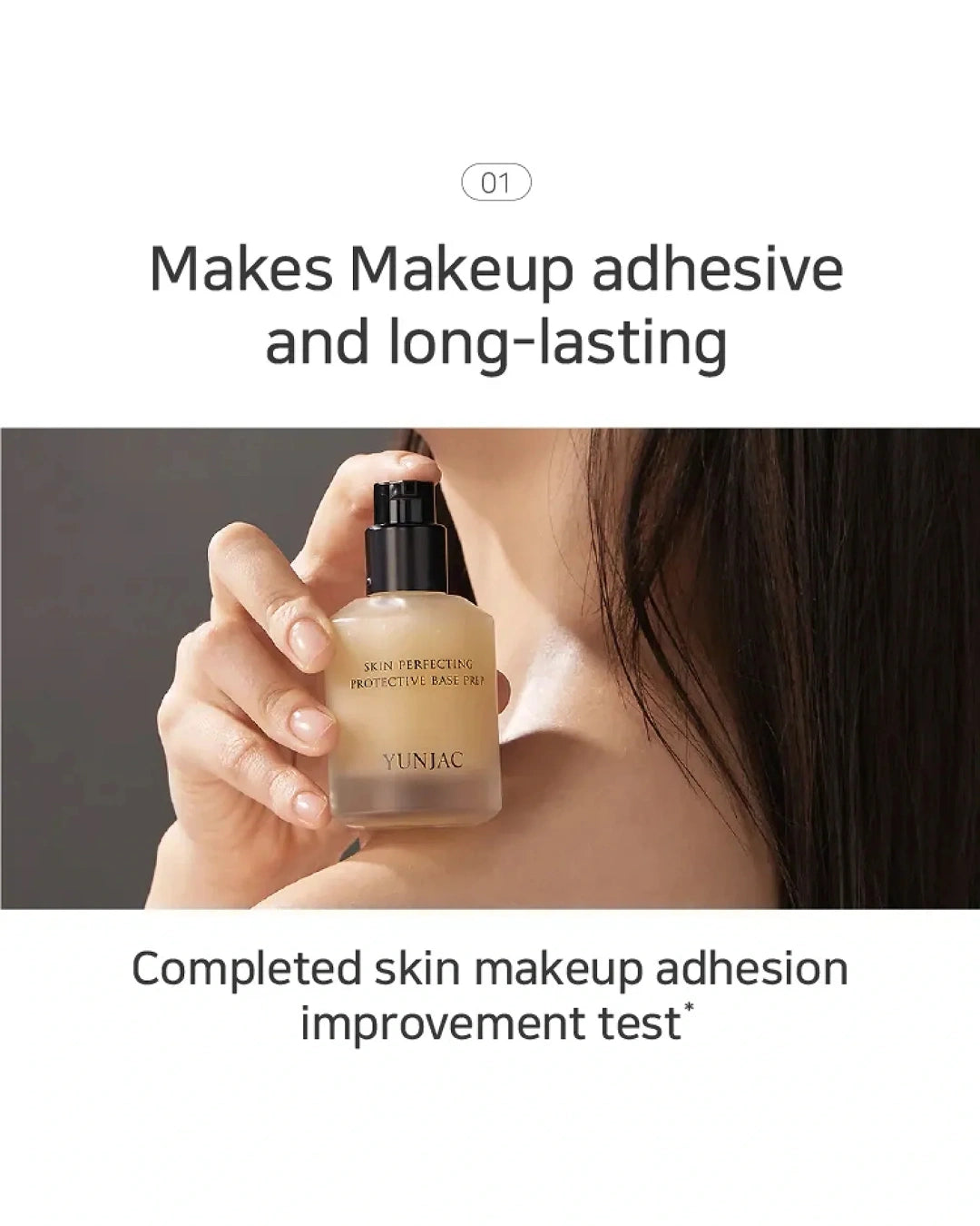 A beauty marketing graphic with text reading 'Makes Makeup adhesive and long-lasting' and 'Completed skin makeup adhesion improvement test'. A hand holds a small clear bottle of YUNDA makeup protection spray against a dark gray background.