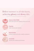 Product description card with text and icons on a pink background