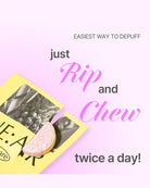 Promotional graphic for a chew supplement, featuring a yellow packet with a pinkish-beige chew piece and text reading 'just Rip and Chew twice a day!' on a light pink background.
