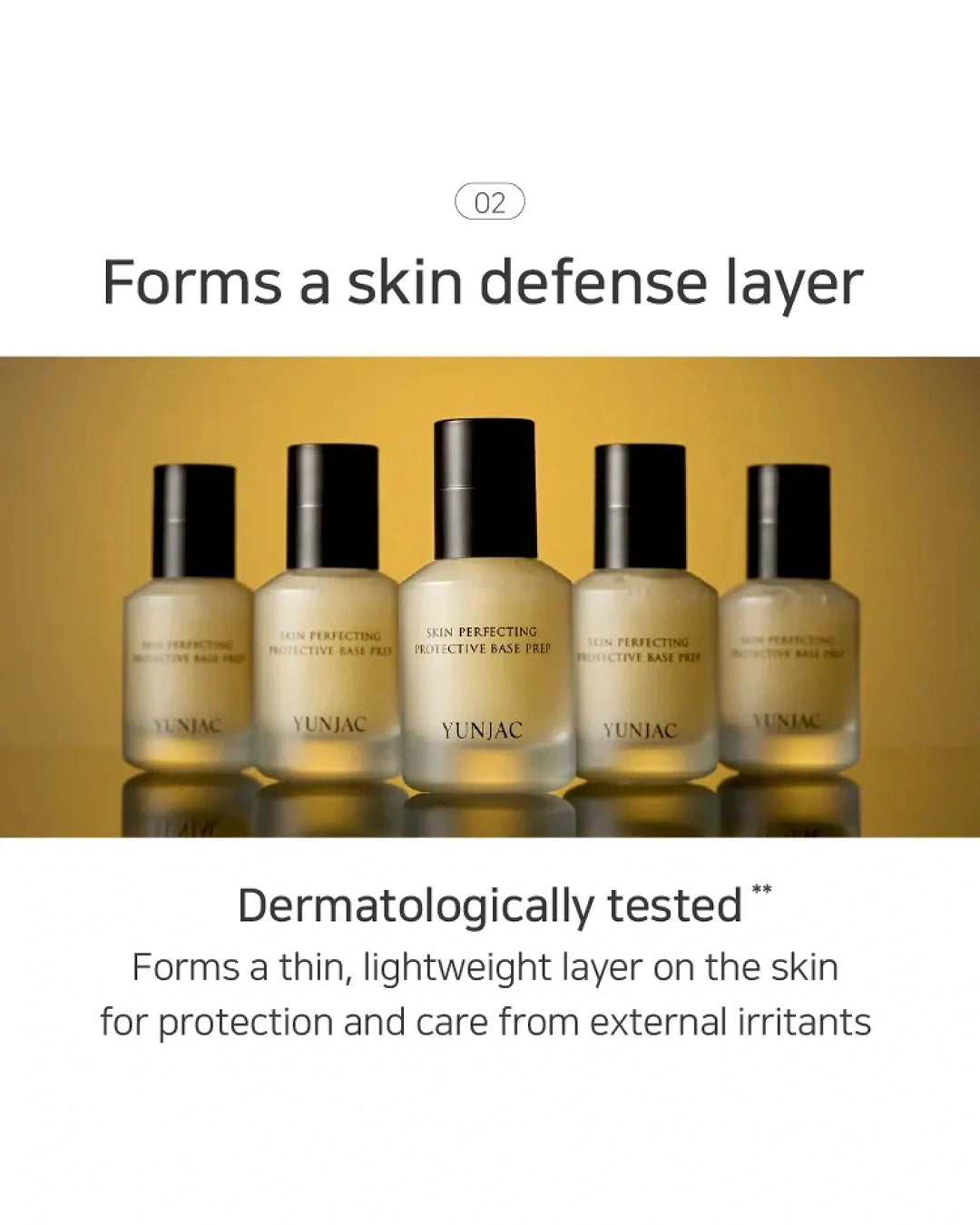 Five YUNJAC skincare pump bottles arranged in a row against a warm gold gradient background, with text above reading 'Forms a skin defense layer' and below reading 'Dermatologically tested** Forms a thin, lightweight layer on the skin for protection and care from external irritants.'.