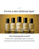 Five YUNJAC skincare pump bottles arranged in a row against a warm gold gradient background, with text above reading 'Forms a skin defense layer' and below reading 'Dermatologically tested** Forms a thin, lightweight layer on the skin for protection and care from external irritants.'.