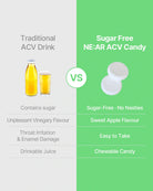 A promotional comparison graphic for ACV drink and candy. The left side, on a light gray background, shows a bottle and glass of yellow-orange liquid labeled 'Traditional ACV Drink' with text noting it contains sugar and has a vinegary flavor.
