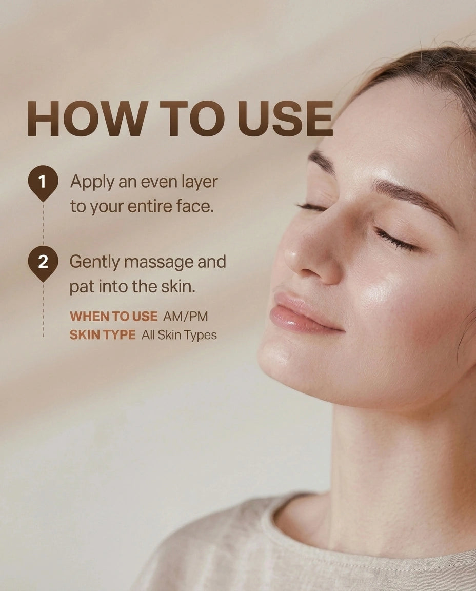 A beauty instructional graphic with the heading 'HOW TO USE' and two numbered steps for applying and massaging a skincare product onto the face. A woman with closed eyes appears on the right side against a soft beige background.