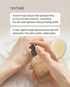 A person holds a bottle of NINJAC serum base while applying a small amount onto their hand. The image includes text describing the texture as a clear, slightly beige hydrating base with fine gold pearls.