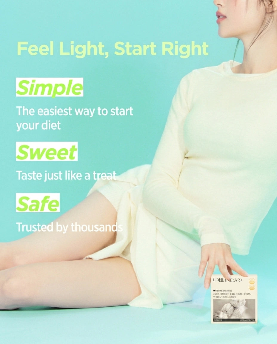 A woman in a cream-colored long-sleeve top and shorts sits on a light blue surface against a matching light blue background, holding a small packaged product. Text on the left reads 'Feel Light, Start Right' with descriptors 'Simple', 'Sweet', and 'Safe'.