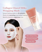 A skincare ad showing a woman with a white face mask applying a sheet or touching her cheek, alongside a peach-colored tube labeled medicbe Collagen Glazed Milky Wrapping Mask. Text highlights instant luminous glow, morning prep, and nighttime care, with pink hashtag tags on a soft pastel sky background.