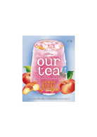 A package of Our Tea Flat Peach Cold Brew Tea, featuring a pink beverage can illustration with peach illustrations on a light blue background.