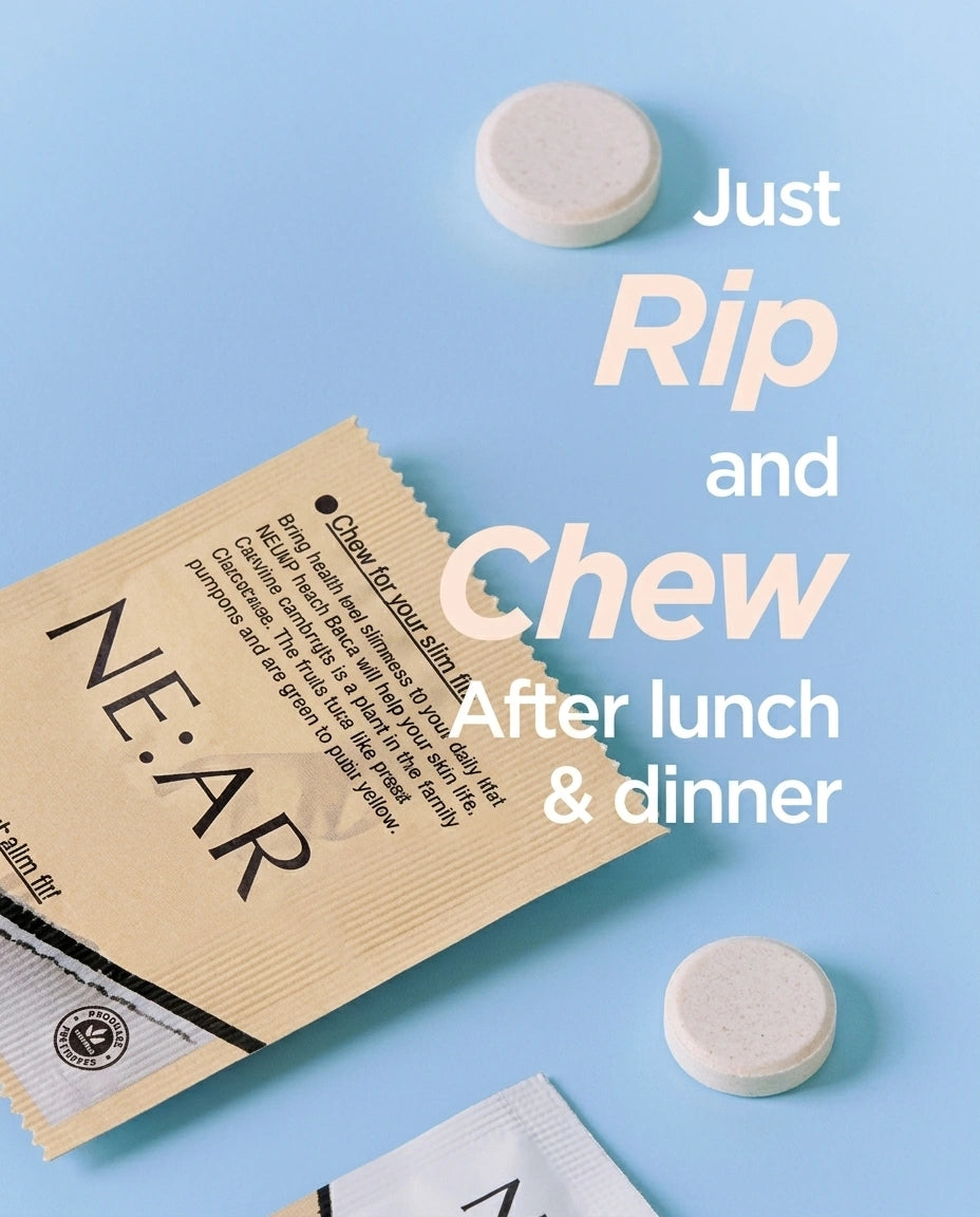 A flat-lay product shot of a NE:AR chew packet on a light blue background, with two white round tablets placed nearby and large overlaid text reading 'Just Rip and Chew After lunch & dinner.' This is not a person-in-environment lifestyle scene and not an instruction diagram; it is a clean commercial product presentation, so subject_type is Product/Packaging.