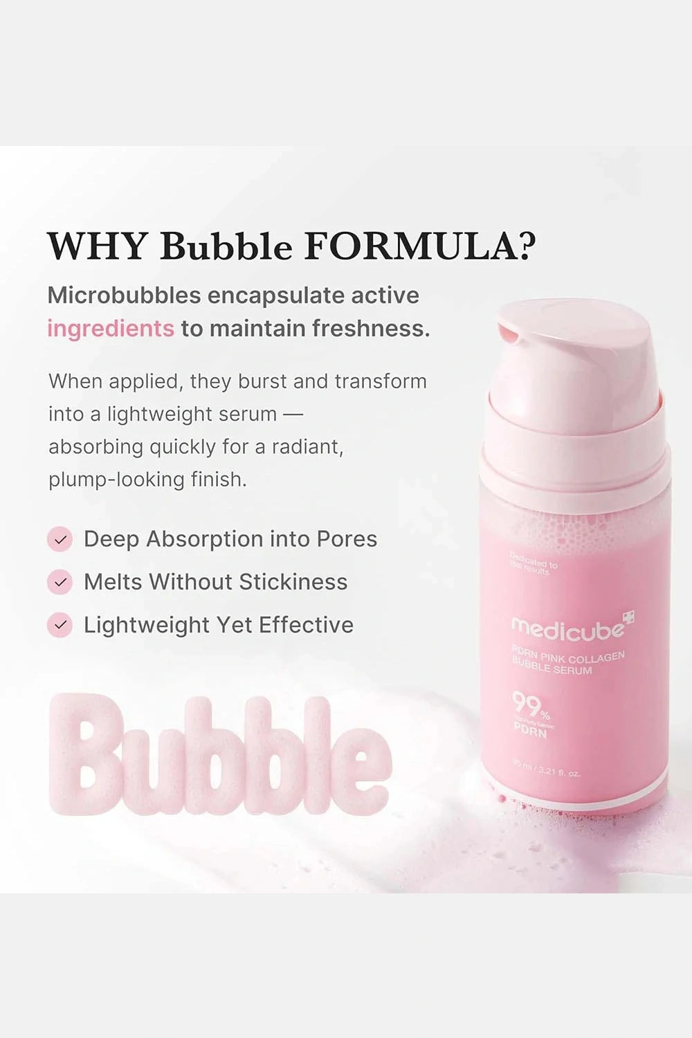 Pink skincare bottle with text explaining bubble formula on a white background