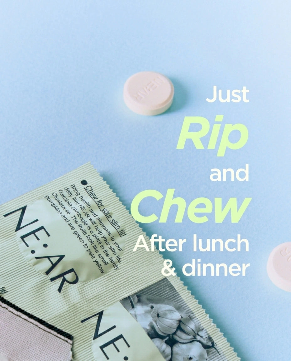 A flat-lay product shot of NE:AR chewable tablets and a foil packet on a light blue background, with promotional text reading 'Just Rip and Chew After lunch & dinner'.