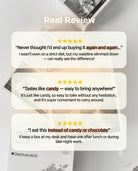 A promotional graphic with three white review cards over a blurred background of packaged snacks. The header reads 'Real Review' and the cards contain customer testimonials with five-star ratings and quotes about weight loss and taste.