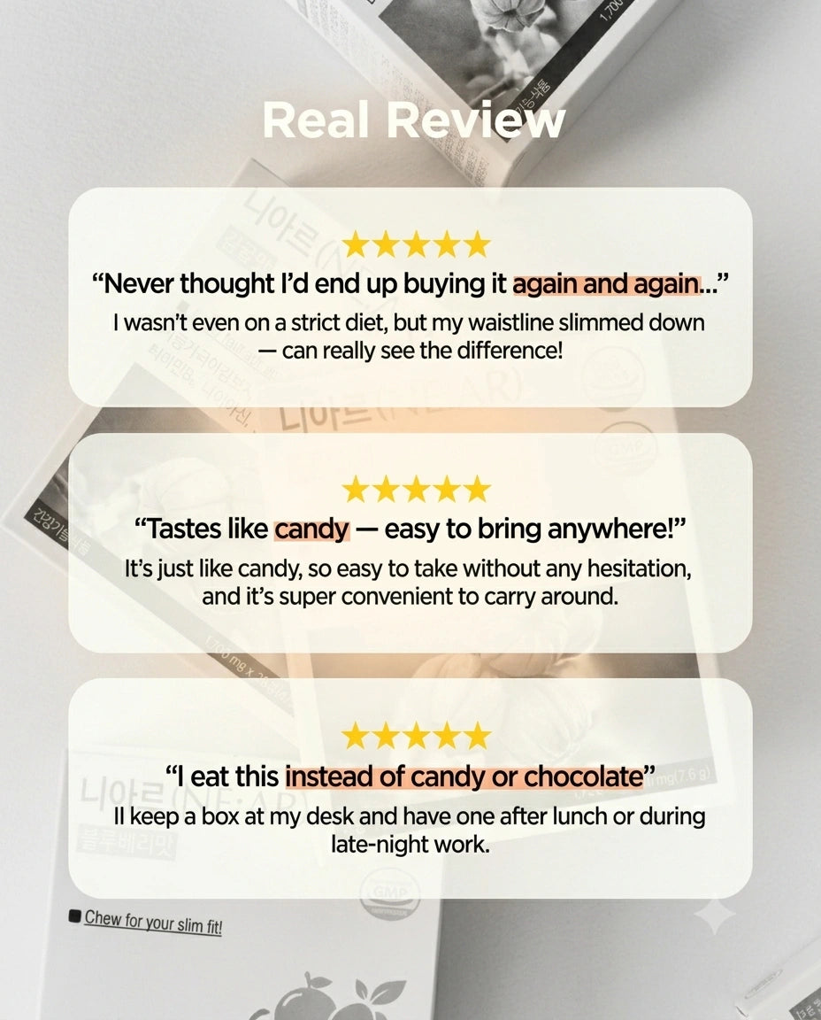 A promotional graphic with three white review cards over a blurred background of packaged snacks. The header reads 'Real Review' and the cards contain customer testimonials with five-star ratings and quotes about weight loss and taste.