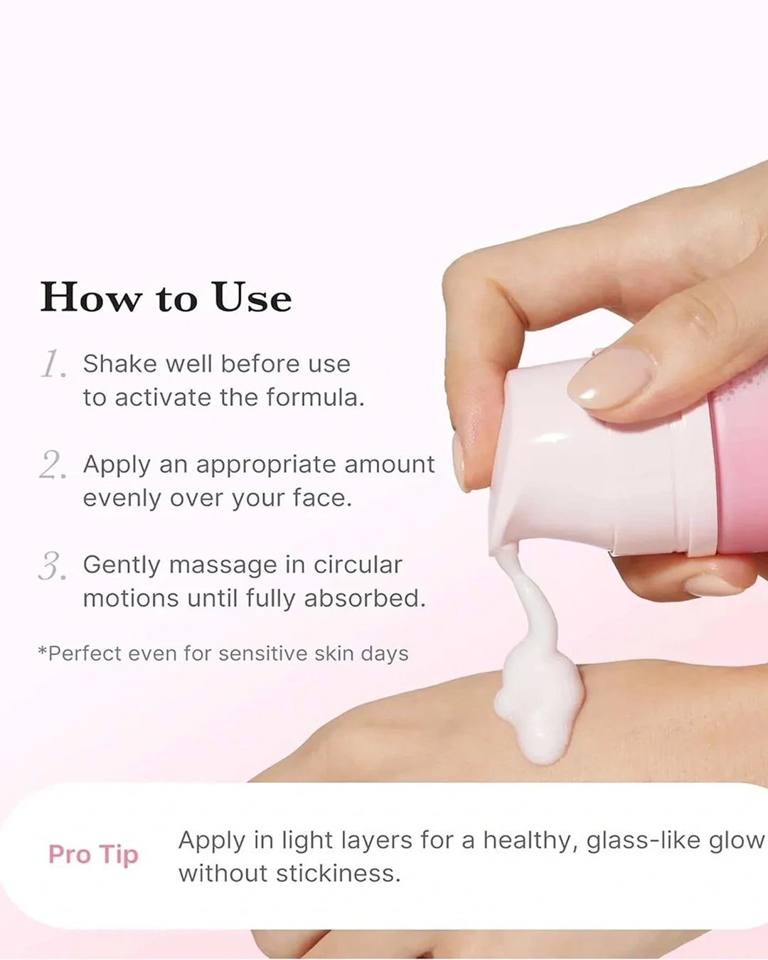 How-to-use graphic showing a hand squeezing a pink bottle to dispense white cream onto another hand, with text instructions on a pale pink background.