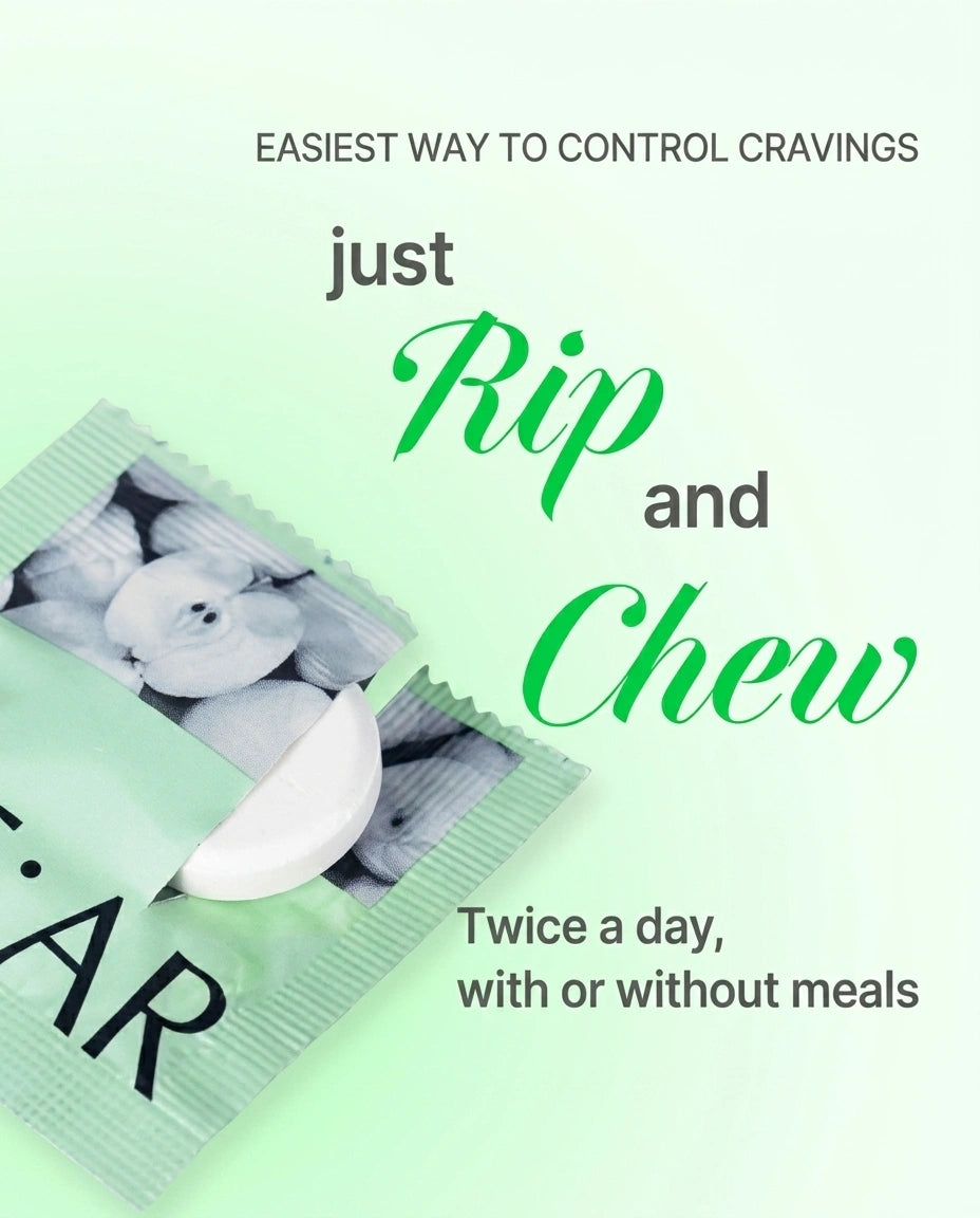 Promotional graphic for Rip and Chew craving control tablets, showing a partially opened mint-green packet with a white tablet visible, on a pale green background with large text reading 'just Rip and Chew' and smaller text 'EASIEST WAY TO CONTROL CRAVINGS' and 'Twice a day, with or without meals.'.