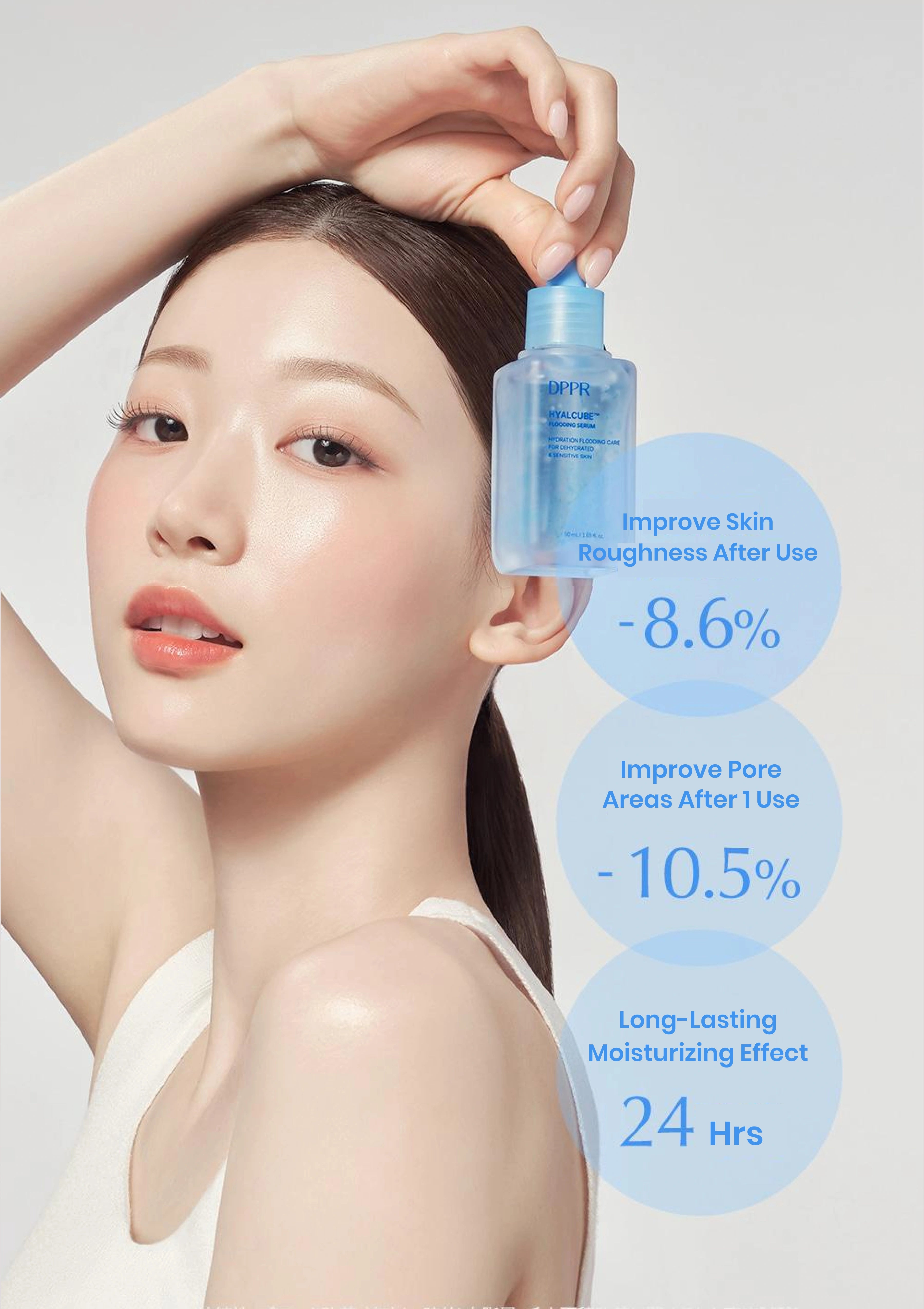 Woman with clear skin holding a skincare product with text on a light gray background