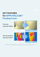 Key features of DPPR HYALCUBE Flooding Cream with before and after effects on skin texture and temperature.