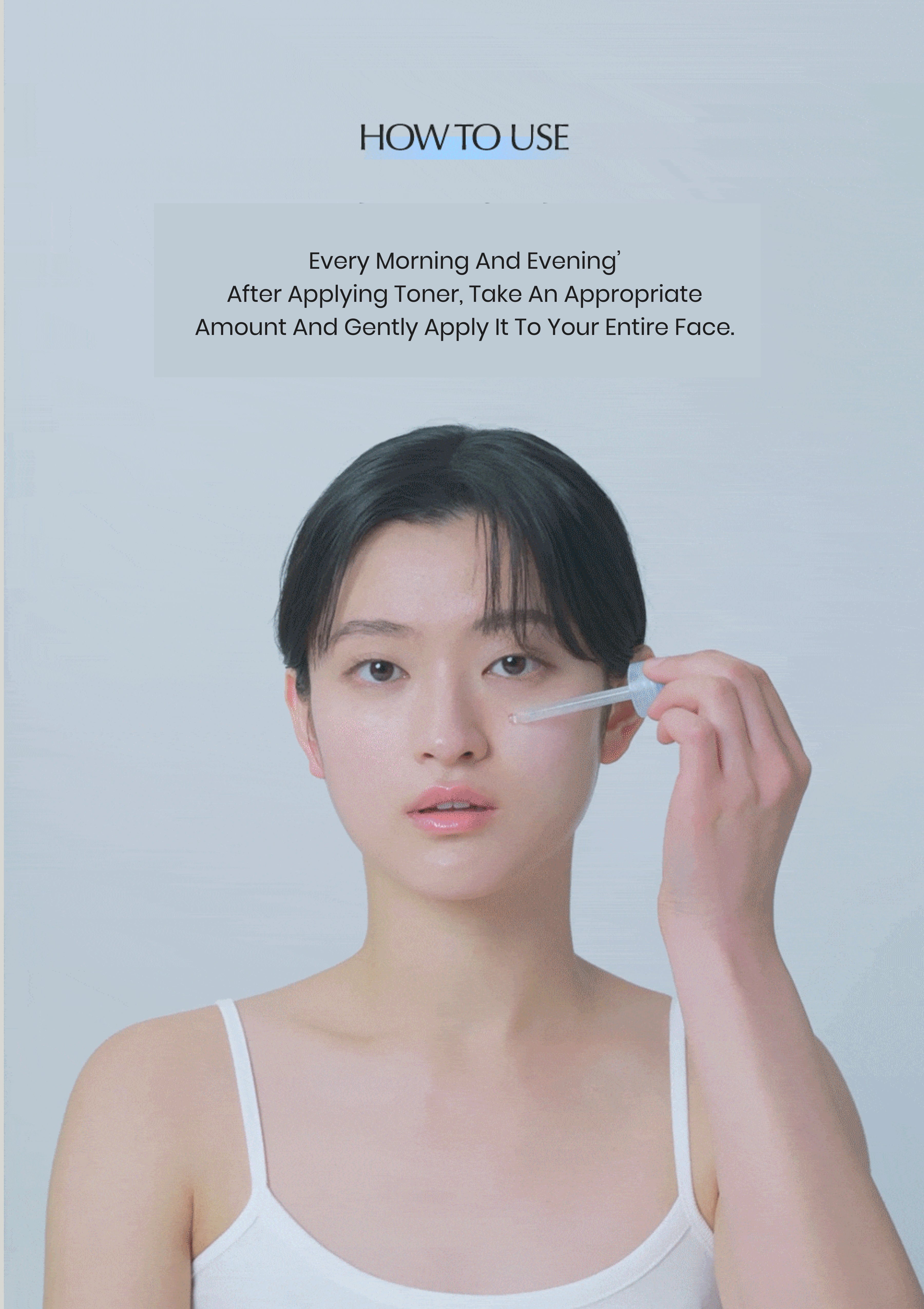 Woman applying toner to her face with text on how to use it.