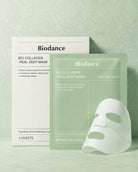Biodance Bio Collagen - Real Deep Mask facial sheet mask set, featuring a white box, a light green sachet, and a white sheet mask on a textured pale green background.