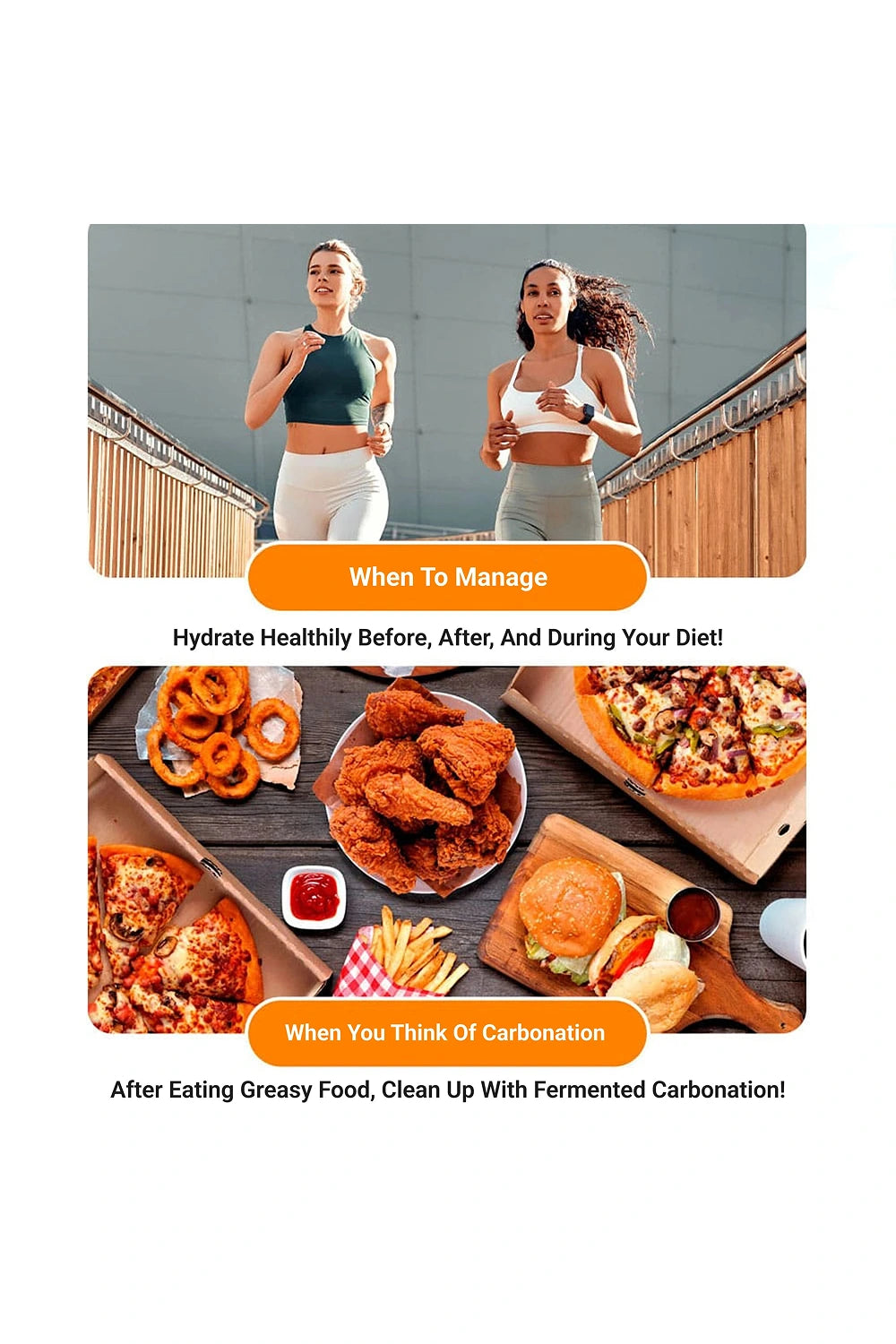 Two women exercising with text about managing hydration and diet.