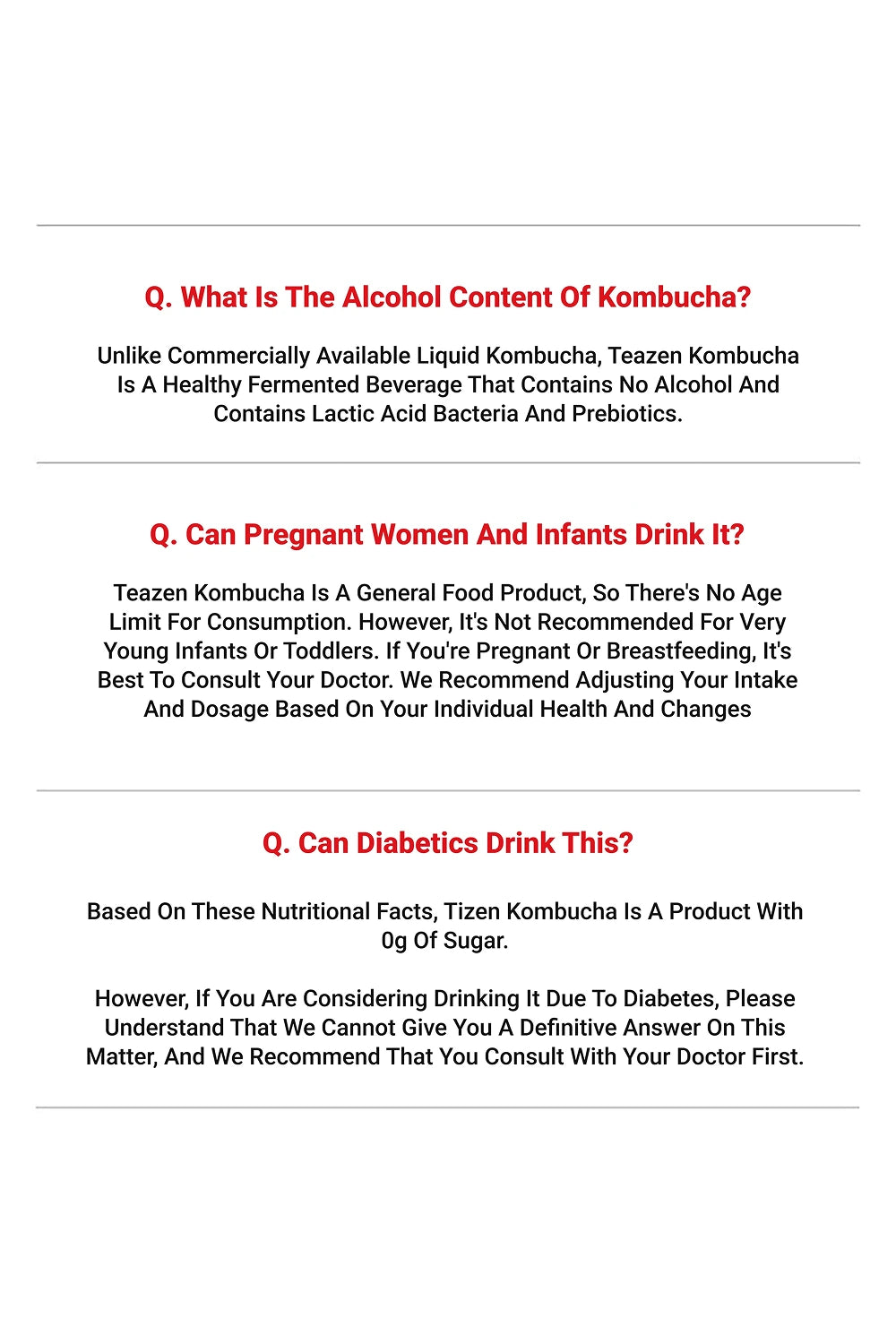 Text-based image with questions about alcohol content, consumption by pregnant women and infants, and suitability for diabetics.