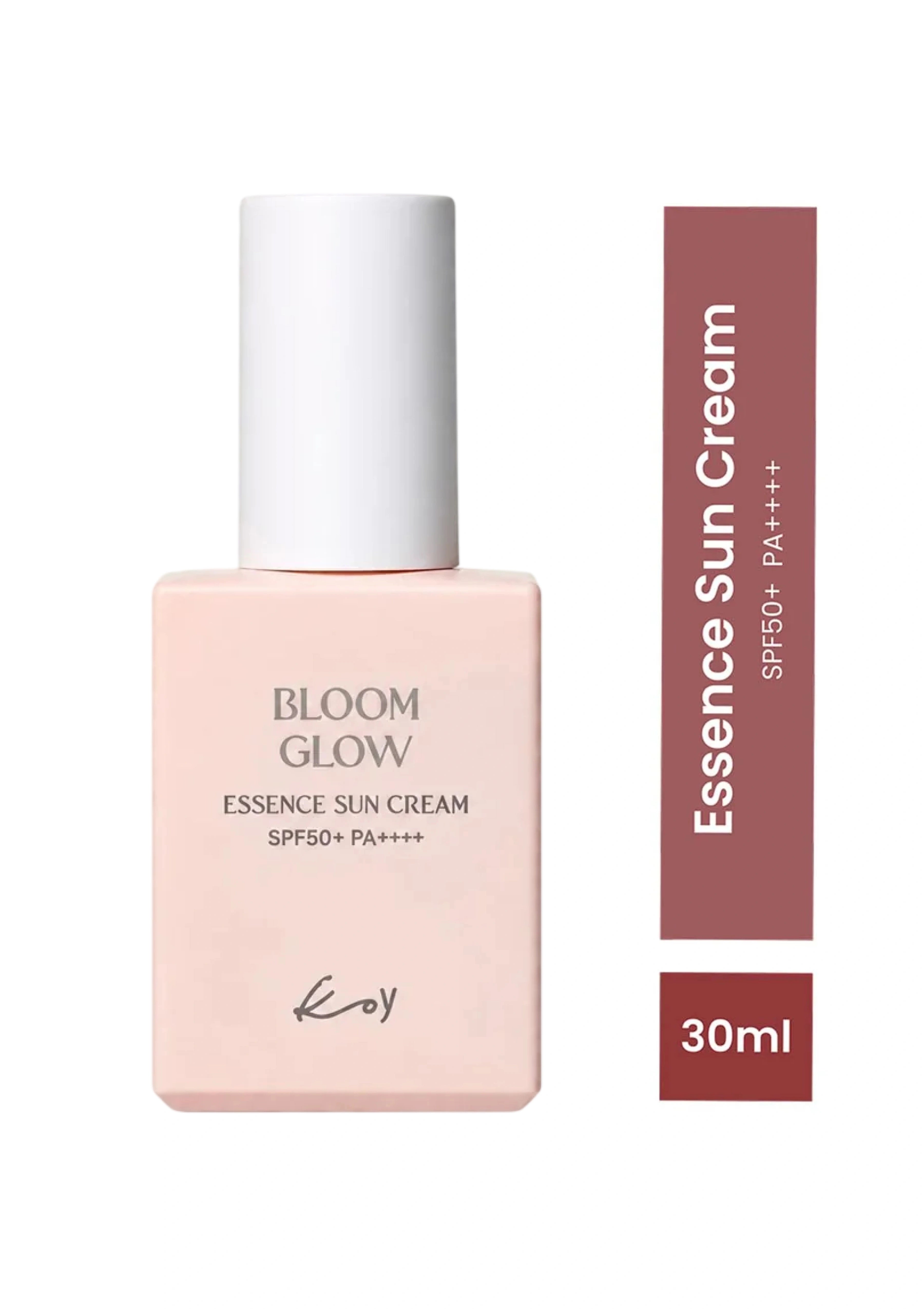 Bloom Glow Essence Sun Cream SPF50+ PA++++ in a pale pink rectangular bottle with a white cap, shown next to a vertical color swatch strip indicating the shade as 'Essence Sun Cream' and '30ml'.