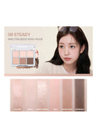 Makeup palette with color swatches and a model wearing the product.