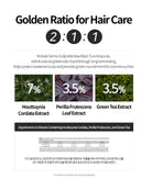 An informational graphic titled 'Golden Ratio for Hair Care' with the ratio '2:1:1' in large black text. The design includes three green botanical photos labeled 7%, 3.