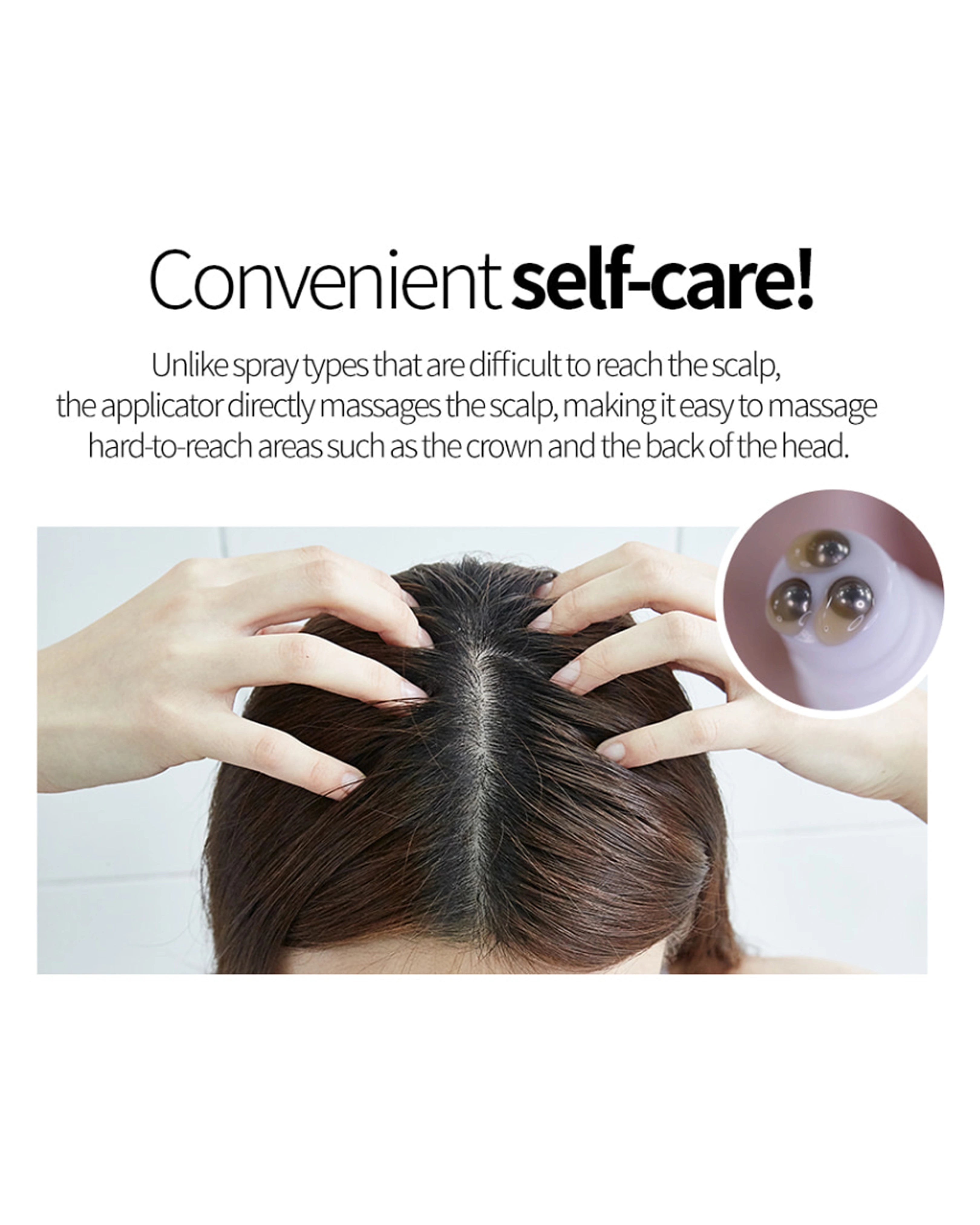 Promotional graphic for a scalp massage product with the headline 'Convenient self-care!' and explanatory text. Below, a top-down view shows a person's hands massaging their scalp with dark brown hair, and a circular inset shows the applicator containing three oval massage beads.