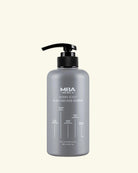 A matte gray pump bottle of MBA Model Derm Scalp Black Turn Hair Shampoo, shown against a solid cream background.