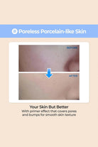 Before and after comparison of skin texture with a primer effect on a beige background.