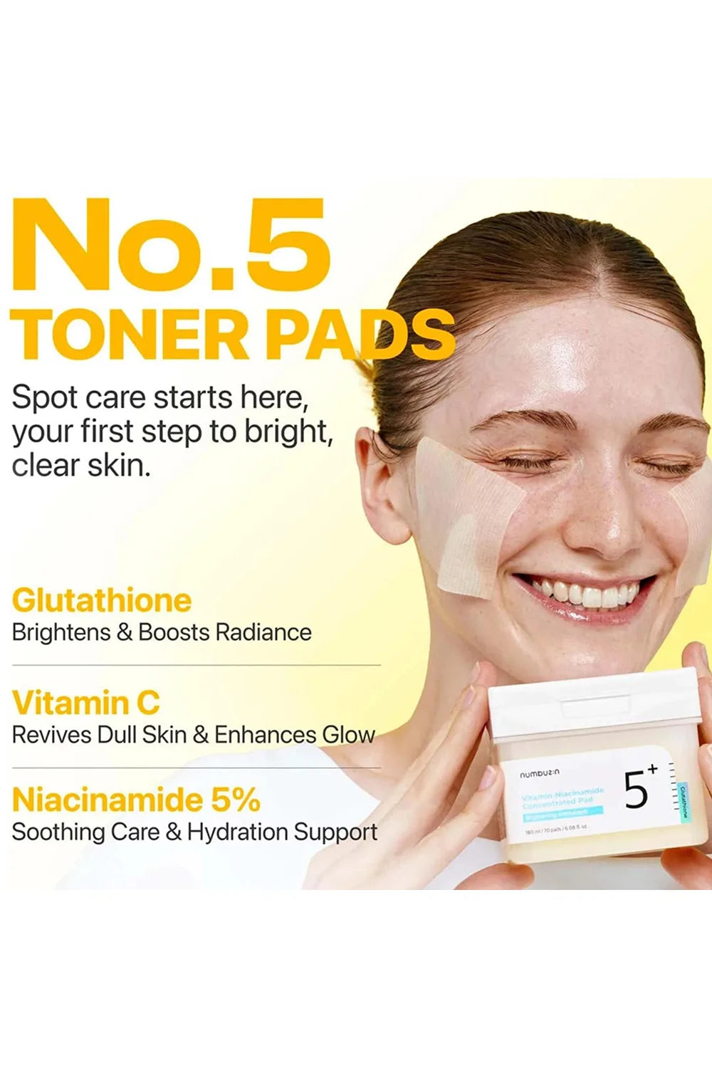 Advertisement for No.5 toner pads with a woman holding the product and text about benefits.