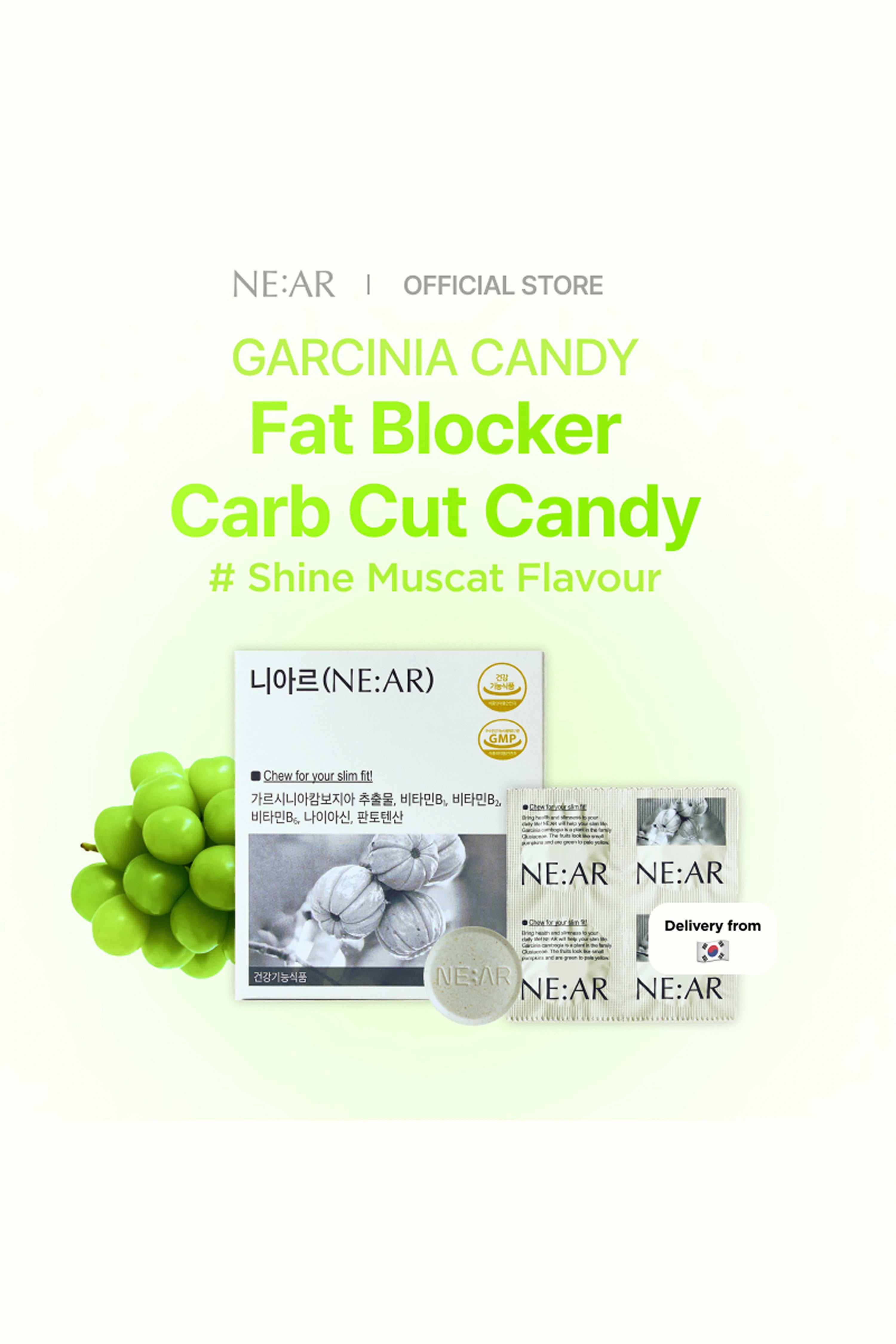 Garcinia Candy Fat Blocker Carb Cut Candy with green grapes on a white background