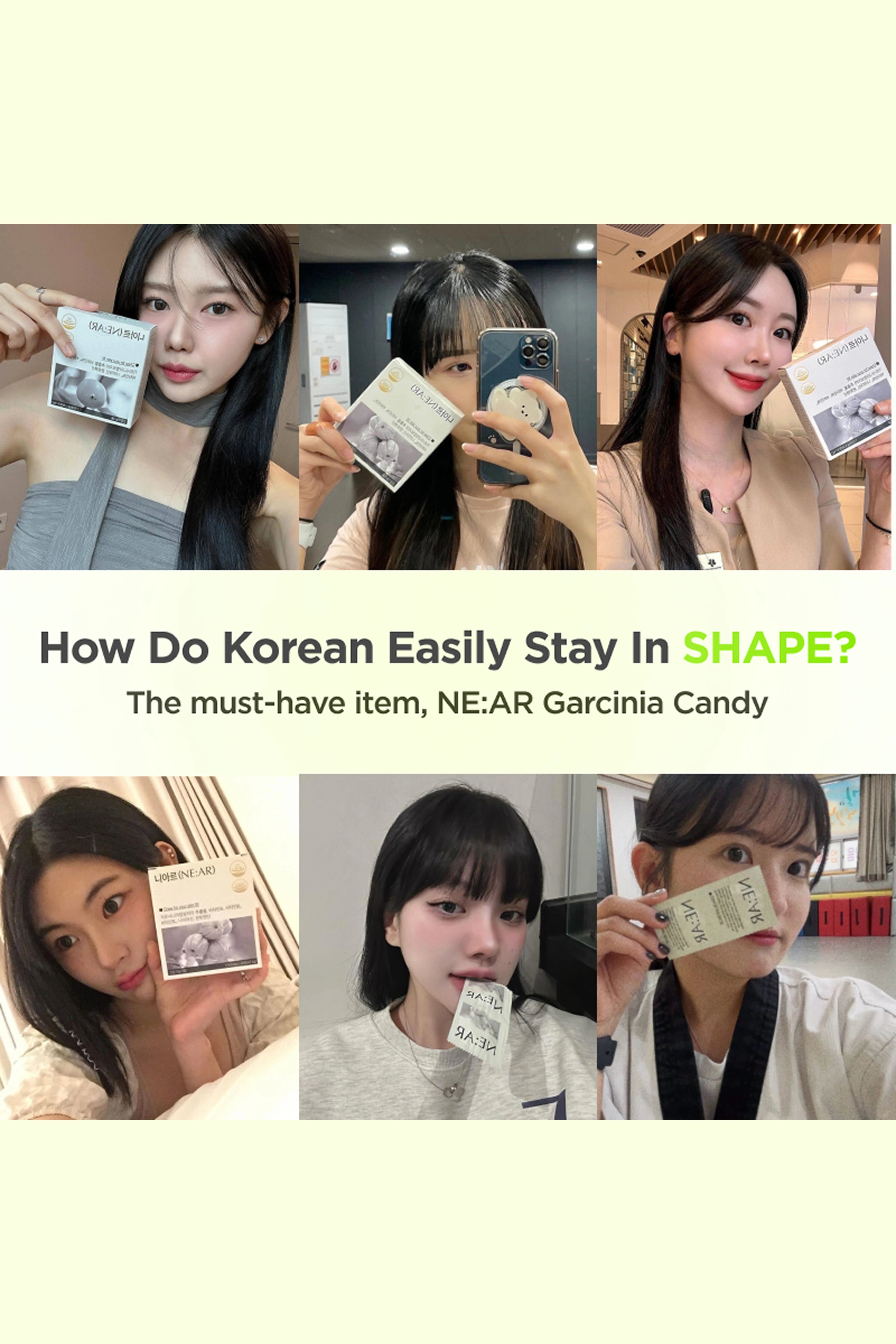 Promotional graphic with a woman holding a product, text about Korean health tips, and NE:AR Garcinia Candy branding.