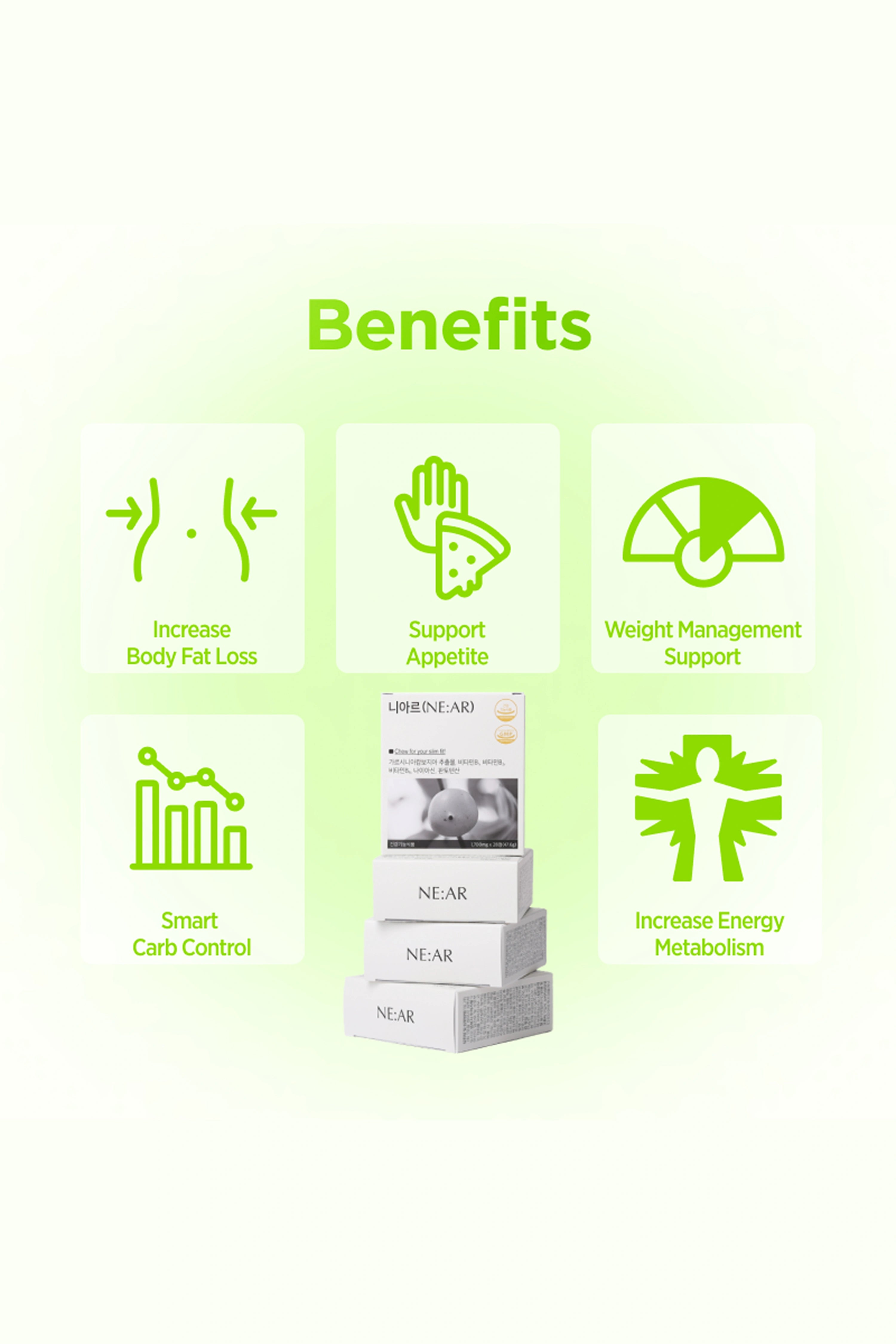 Health supplement boxes with icons and text on benefits on a green gradient background