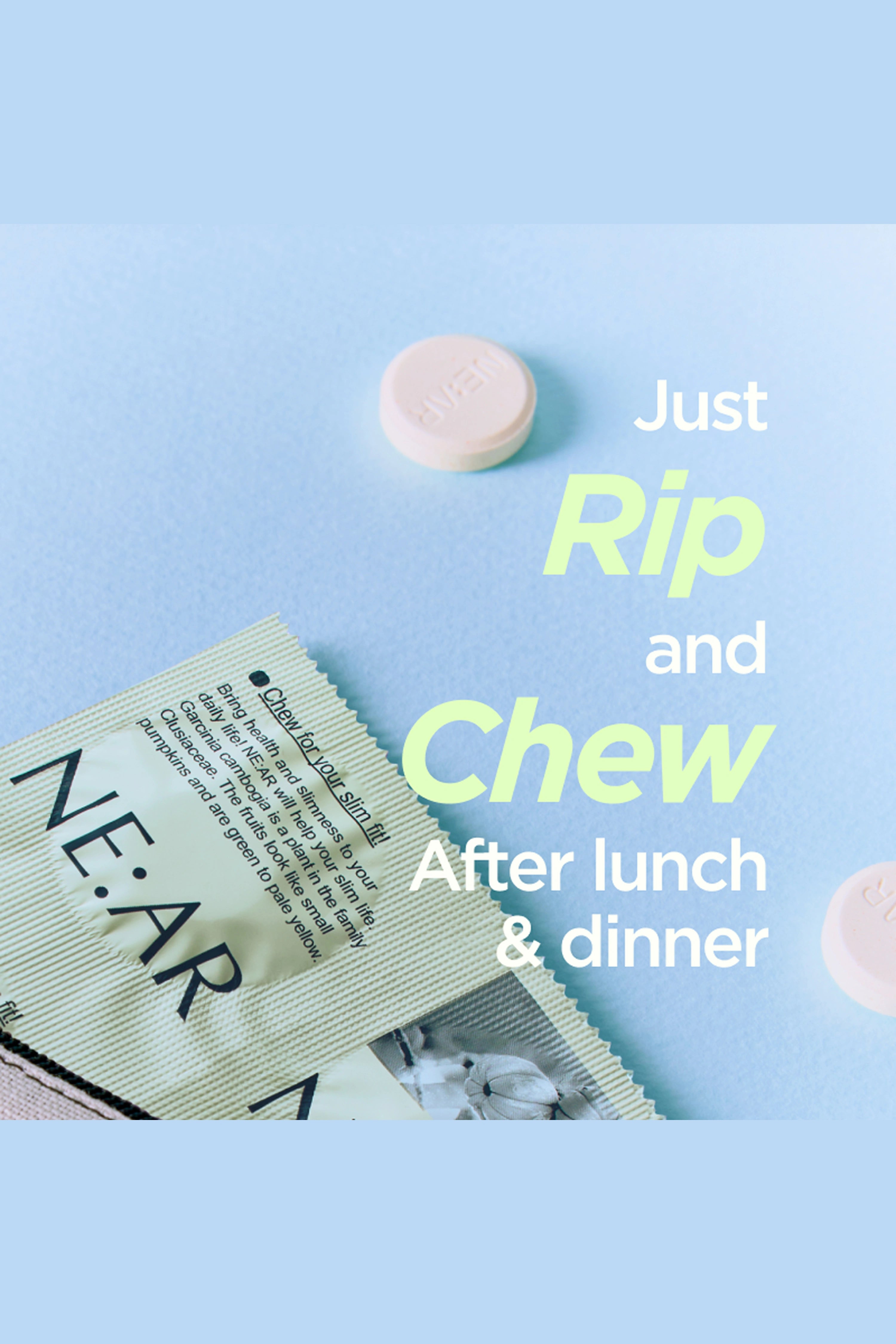 Packaged chewable vitamins with text on a light blue background