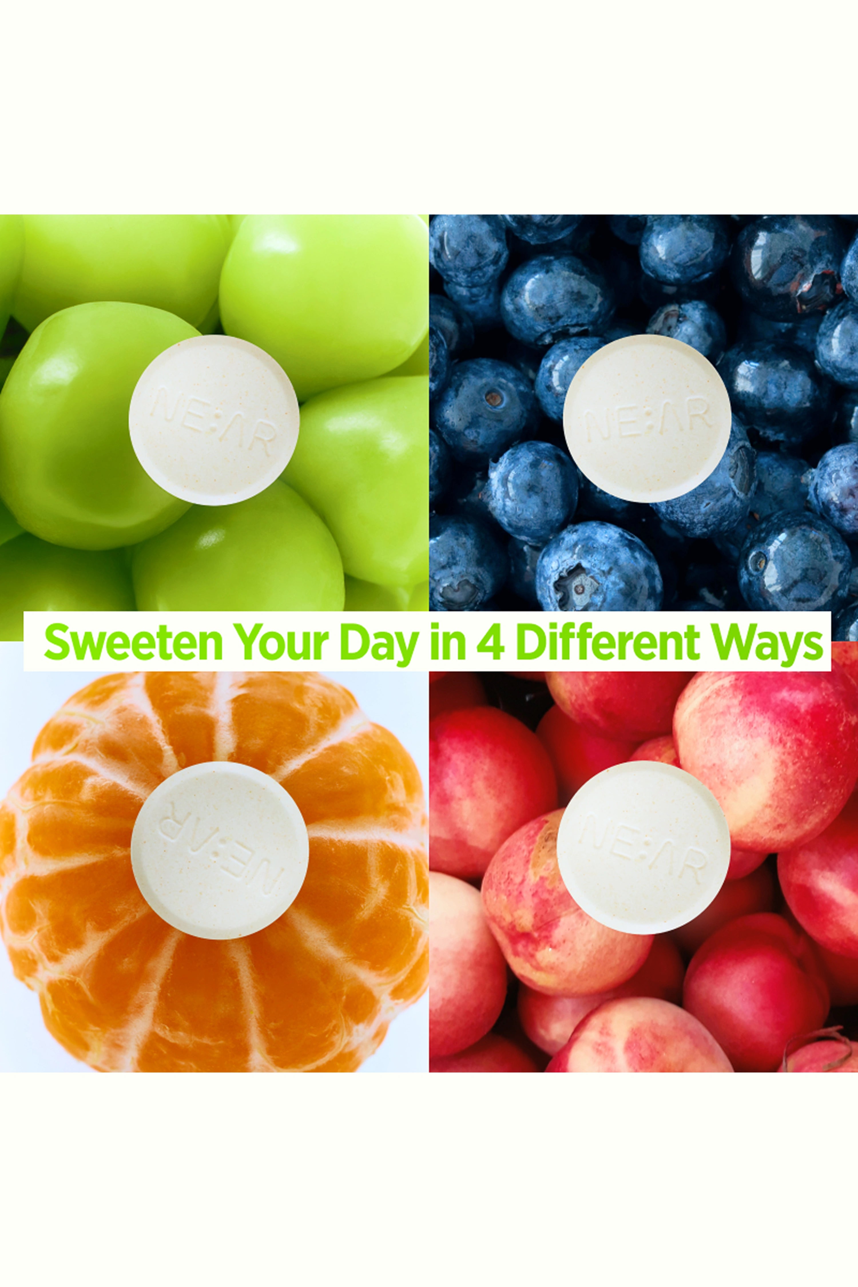 Four quadrants with green apples, blueberries, an orange, and red apples with text 'Sweeten Your Day in 4 Different Ways'.