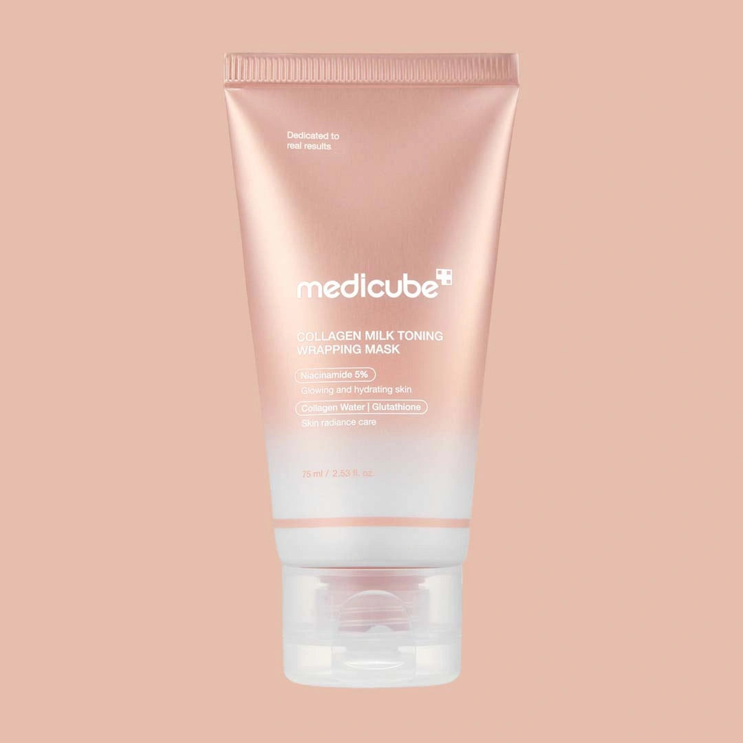 Medicube collagen milk toning ampoule mask on a pink background