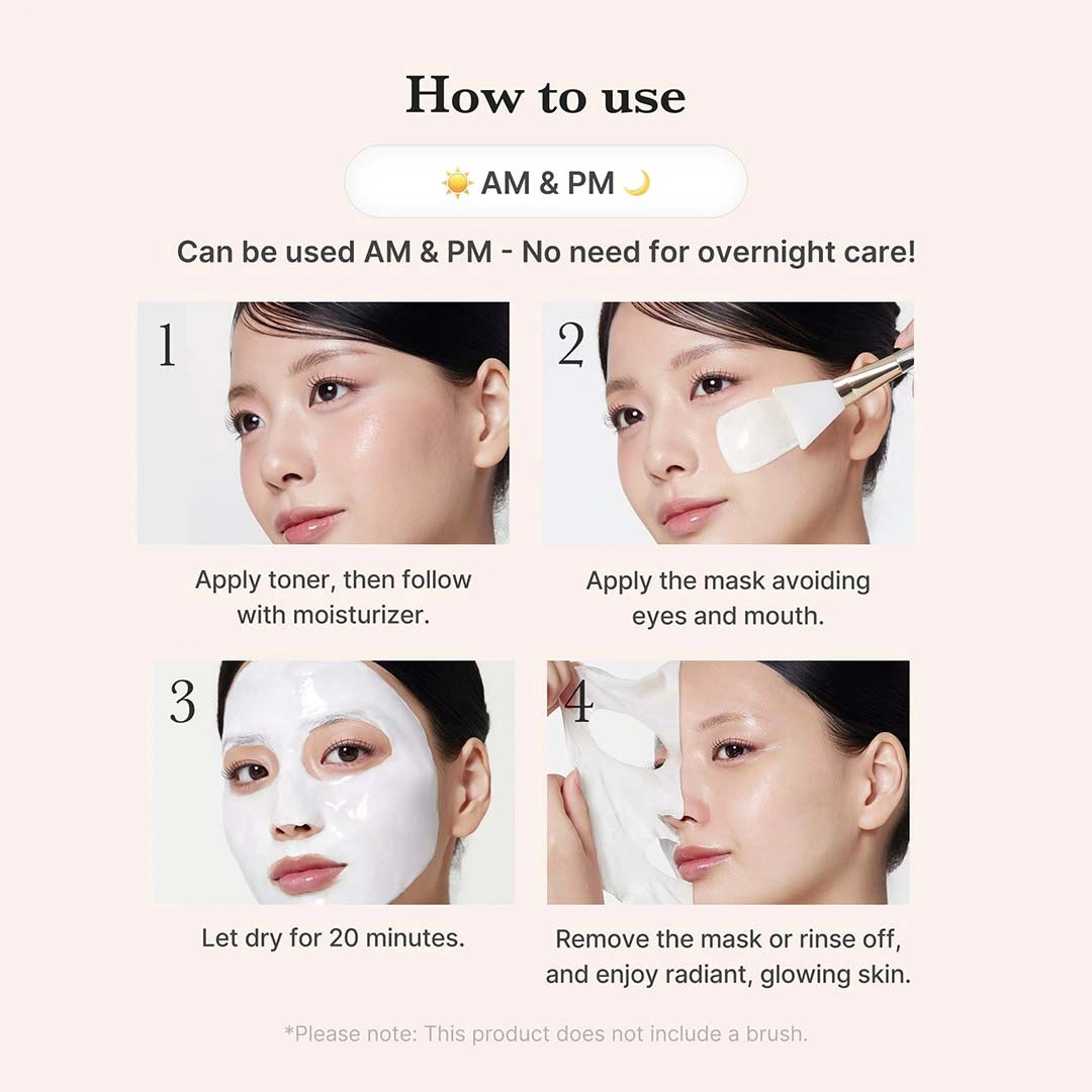 Step-by-step guide on how to use a facial mask with images of a woman applying it.