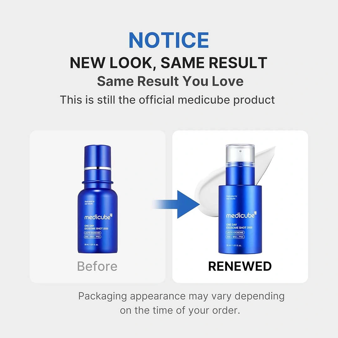 Comparison of Medicube product packaging before and after a renewal, with text indicating 'New Look, Same Result'.
