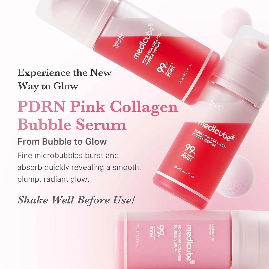 PDRN Pink Collagen Bubble Serum with promotional text on a white background