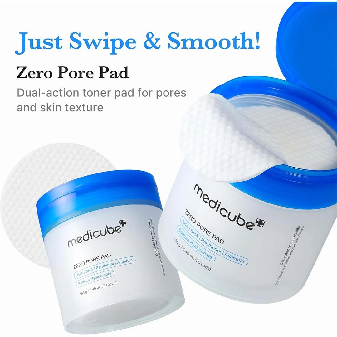Medicube Zero Pore Pad packaging with text 'Just Swipe & Smooth!' on a white background