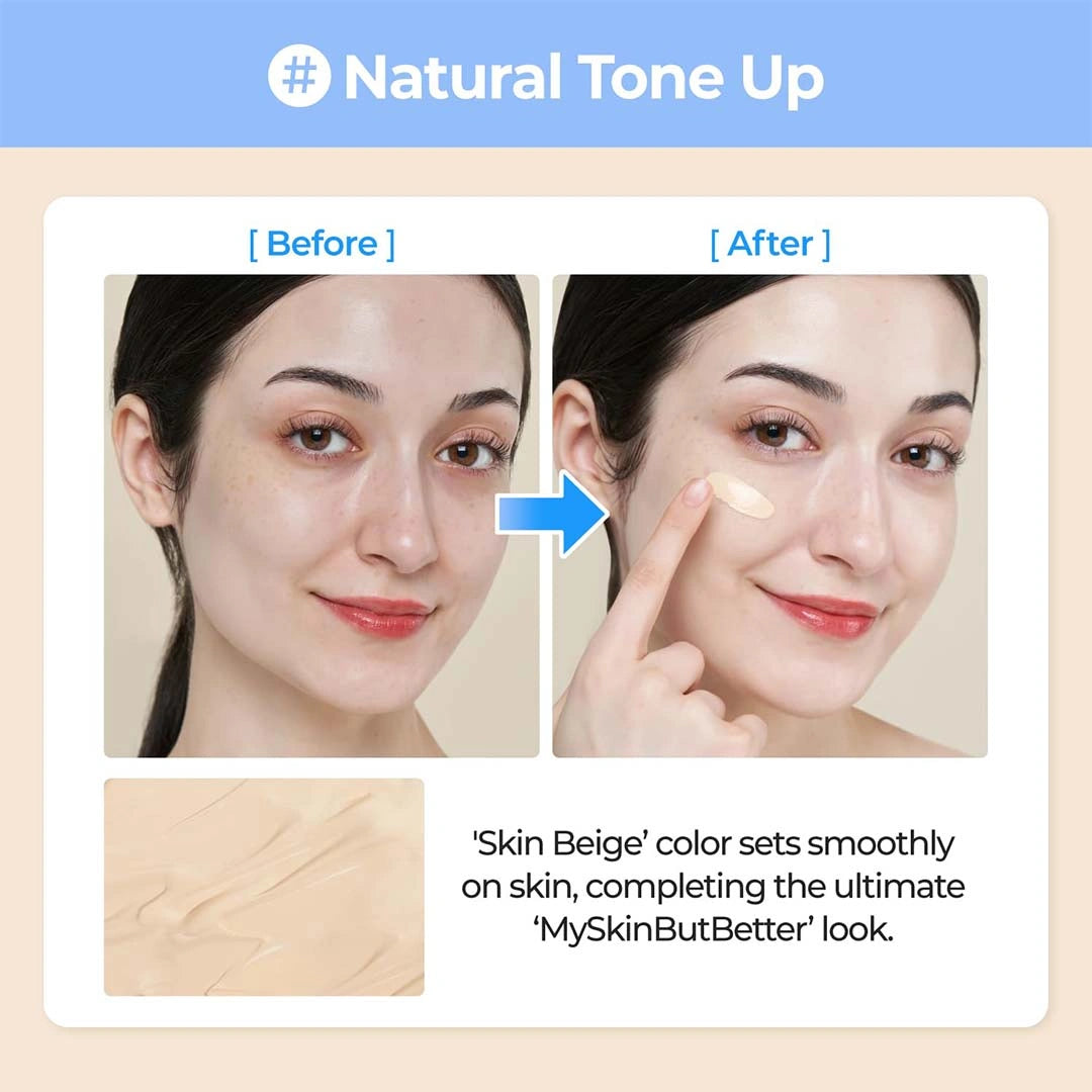 Before and after comparison of a woman's face with '#Natural Tone Up' text and 'Skin Beige' color swatch.