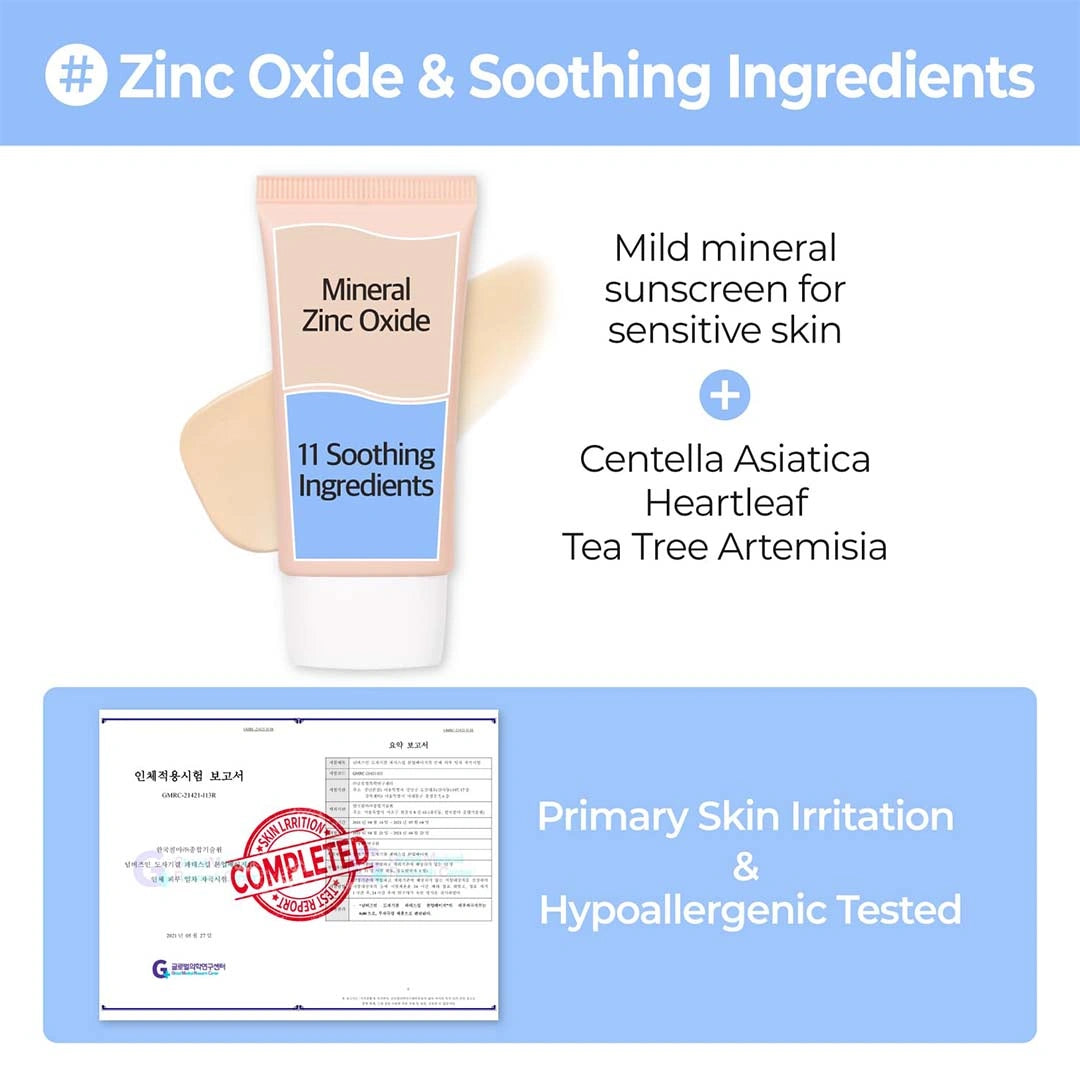 Mineral sunscreen tube with text about zinc oxide, soothing ingredients, and skin irritation testing on a blue background.