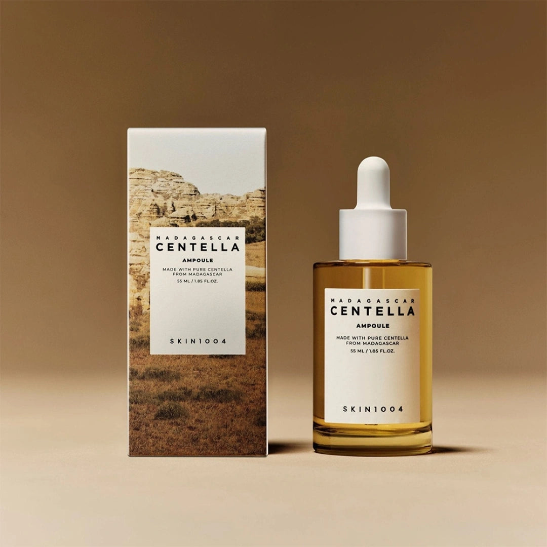 SKIN1004 Madagascan Centella Ampoule bottle and box on a beige background